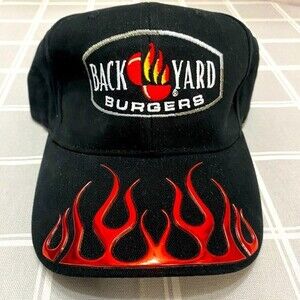 NWOT Backyard Burgers Cap Red Flames Raised Accent Brim Black Hat Grilling Dad